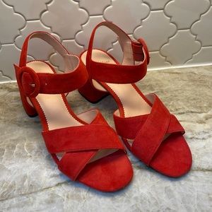 J Crew red leather wide strap block heels